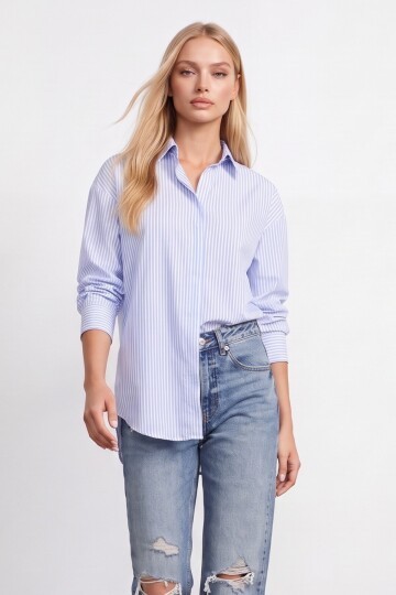 Mavi Oval Kesim Çizgili Oversize Gömlek