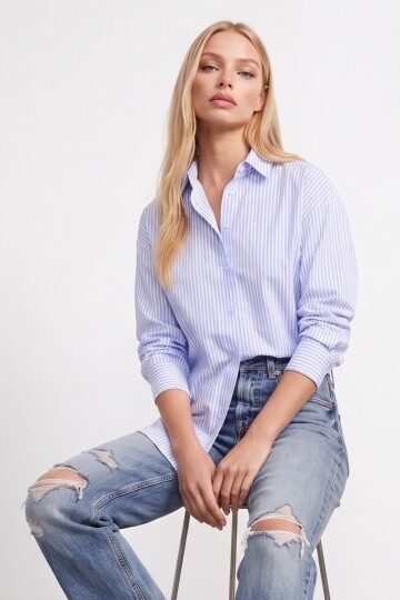 Mavi Oval Kesim Çizgili Oversize Gömlek