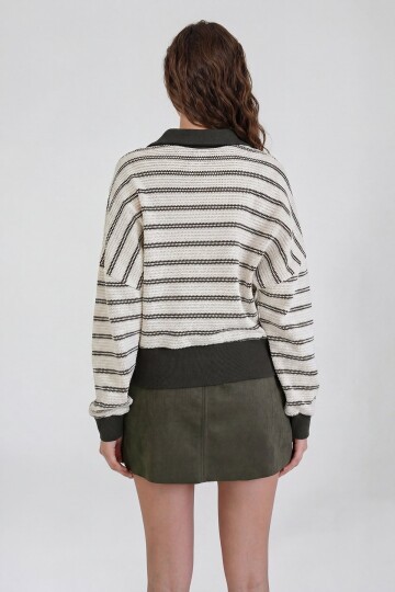 Polo Yaka Renk Bloklu Oversize Sweatshırt