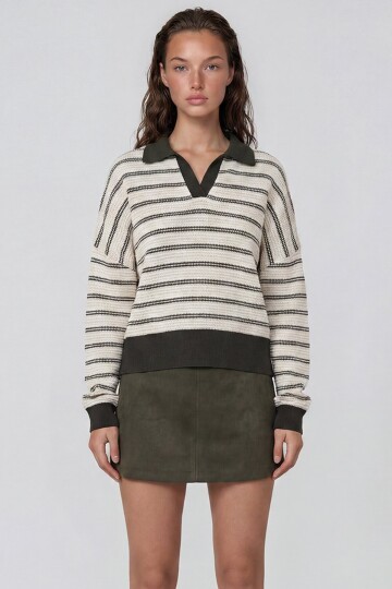 Polo Yaka Renk Bloklu Oversize Sweatshırt