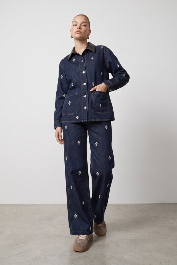 Taşlı Denim Ceket Pantolon Takım