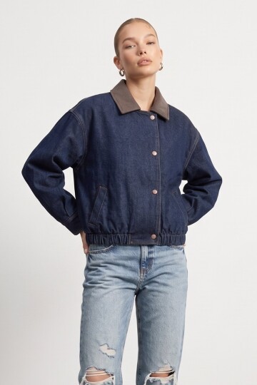 Yakası Deri Denim Ceket