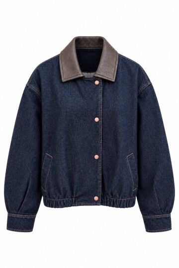 Yakası Deri Denim Ceket