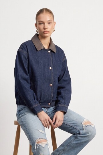 Yakası Deri Denim Ceket