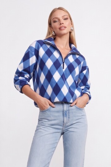 Yarım Fermuarlı Baklava Desenli Sweatshirt