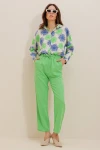 Yeşil Beli Kendinden Kemerli Keten Pantolon