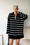 Siyah Polo Yaka Çizgili Uzun Oversize Kalın Triko Kazak