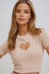 Taş Bisiklet Yaka Kalp Nakış Yarım Kollu Fitilli Kaşkorse Crop Bluz