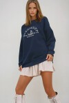 Lacivert Bisiklet Yaka 3 İplik İçi Şardonlu Nakışlı Oversize Sweatshirt