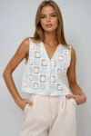 Mavi V Yaka Kroşeta Motif İşlemeli Keten Garnili Crop Yelek