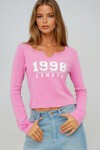 Pembe Yırtmaç Yaka Yazı Baskılı Crop Bluz