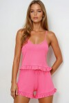 Beli Ve Paçası Fırfır Detaylı Askılı Crop Bluz Ve Şortlu Pijama Takımı