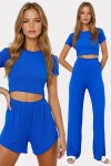 Bisiklet Yaka Crop Bluz, Şort Ve Pantolonlu 3 Lü Set Pijama Takımı