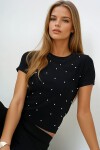 Bisiklet Yaka İnci Çakmalı Ottoban Crop Bluz