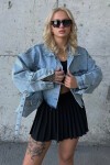 Çift Cepli Önü Düğmeli Lazer Kesim Crop Jean Ceket