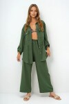 Haki Çift Cepli Safari Ceket Ve Beli Lastikli Wide Leg Aerobin Pantolonlu Takım