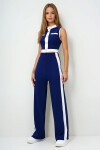 Dik Yaka Metal Düğmeli Renk Bloklu Crop Bluz Ve Palazzo Pantolon Takım