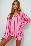 Pembe Bordo Duble Manşet Ve Paça Detaylı Dokuma Gömlek Ve Şortlu Pijama Takımı