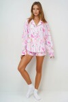 Pembe Ekru Duble Manşet Ve Paça Detaylı Dokuma Gömlek Ve Şortlu Pijama Takımı