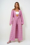 Pembe Kendinden Dokulu Ajurlu Uzun Pantolonlu Kimono Takım