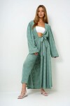 Mint Yeşili Kendinden Dokulu Ajurlu Uzun Pantolonlu Kimono Takım