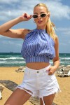 Sırt Bağlamalı Armürlü Keten Crop Bluz