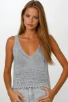 Gri Askılı Ajurlu Örme Crop Bluz