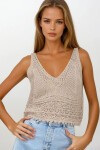 Koyu Bej Askılı Ajurlu Örme Crop Bluz