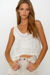 Krem Askılı Ajurlu Örme Crop Bluz