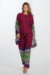 Bordo Bisiklet Yaka Kolsuz Bluz Lastikli Pantolon ve Kimono Büyük Beden Takım