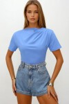 Havacı Mavi Dik Yaka Omuzu Drapeli Cotton Bluz