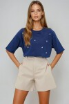 Açık Lacivert Bisiklet Yaka Oversize İnci Ve Taş İşlemeli T Shirt