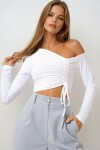 Beyaz Asimetrik Yaka Büzgülü Sandy Crop Bluz