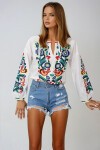 Beyaz Full Neon Nakışlı Poplin Dokuma Bluz