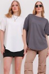 Beyaz Antrasit Bisiklet Yaka 2'Li Paket Oval Kesim Modal T-Shirt