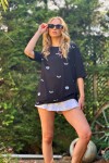 Bisiklet Yaka Göz Baskılı Oversize T-Shirt