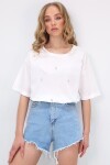 Ekru Bisiklet Yaka Oversize İnci Ve Taş İşlemeli T-Shirt