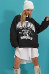 Siyah Bisiklet Yaka Yazı Baskılı Üç İplik İçi Polarlı Kolej Sweatshirt