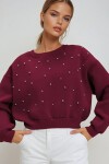 Bordo Bisiklet Yaka Önü İnci Çakmalı Üç İplik Şardonlu Sweatshırt