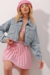 Çift Cepli Fermuarlı Crop Denim Ceket