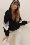 Siyah-Gri Kapüşonlu Fermuarlı Kolları Renk Bloklu Oversize Peluş Sweatshirt