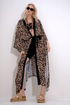 Bej Leopar Desenli Körük Kemerli Maxi Boy Kimono Kaftan