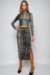 Leopar Leopar Desen Yumuşak Dokulu Crop Bluz Ve Maxi  Boy Etek Takım