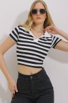 Siyah Polo Yaka Çizgili Crop Bluz