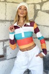 Ekru Kahve Polo Yaka Renk Bloklu Crop Bluz