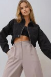 Siyah Çift Cepli Fermuarlı Crop Denim Ceket