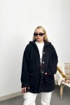 Siyah Çift Cepli Önü Düğmeli Oversize Peluş Ceket