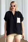 Siyah Kroşeta Cepli Oversize Keten Gömlek