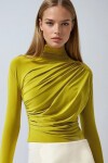 Yağ Yeşili Yarım Balıkçı Drape Detaylı Sandy Bluz