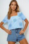 Bebe Mavi Kare Yaka Güpür Premium Dokuma Crop Bluz